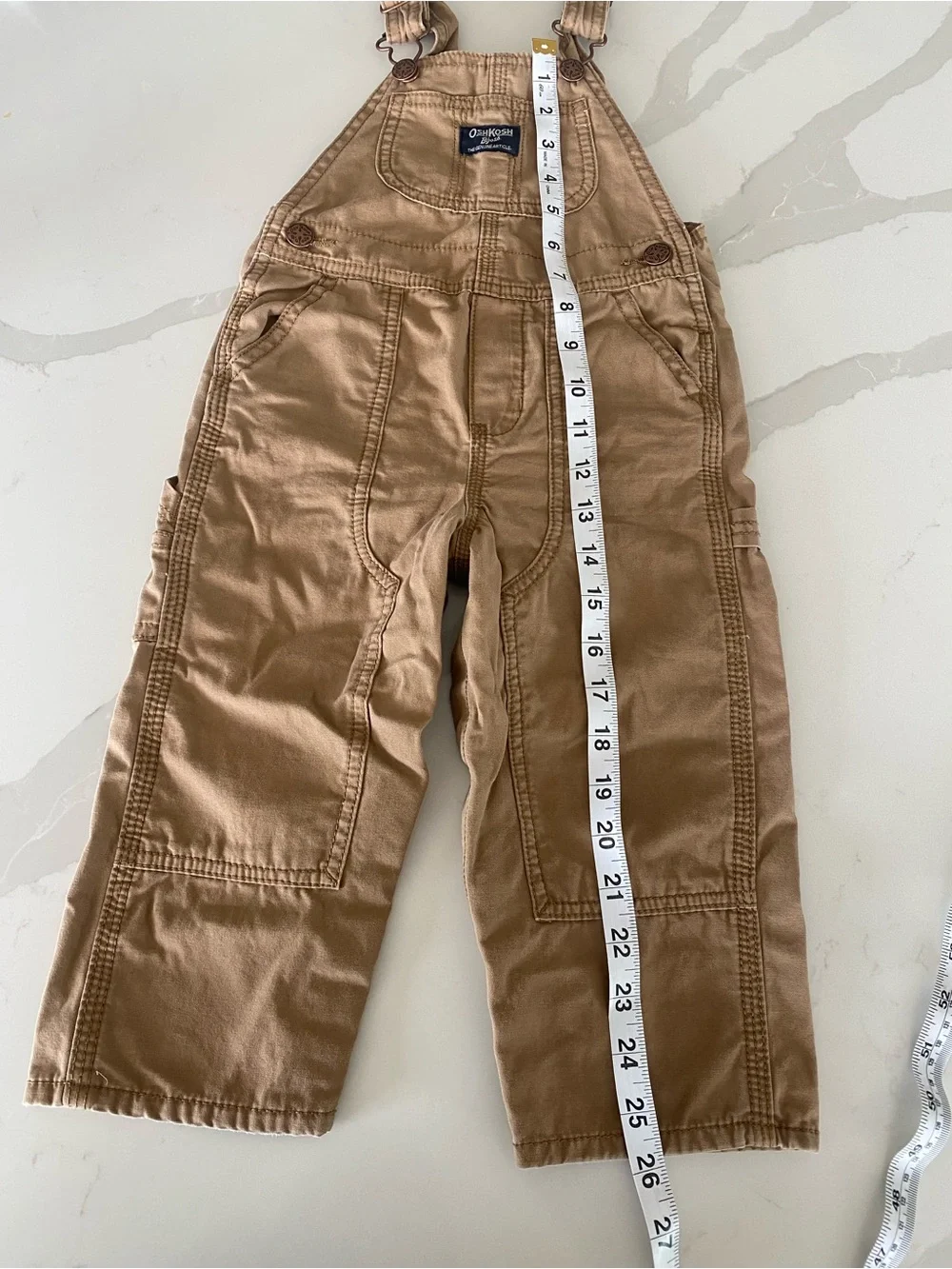 OshKosh B'gosh tan khaki Cotton Canvas carpenter Bib Overalls 24 Months